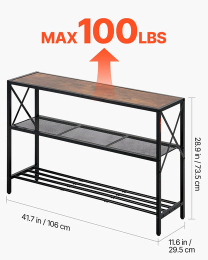 Smalt konsolsoffbord, 104 cm bakom soffbordet, långt entrébord i 3 våningar och smalt hallbord, smalt soffbord med metallram, för entré, hall, vardagsrum och sovrum