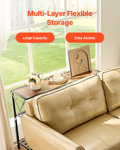 Smalt konsolsoffbord, 104 cm bakom soffbordet, långt entrébord i 3 våningar och smalt hallbord, smalt soffbord med metallram, för entré, hall, vardagsrum och sovrum