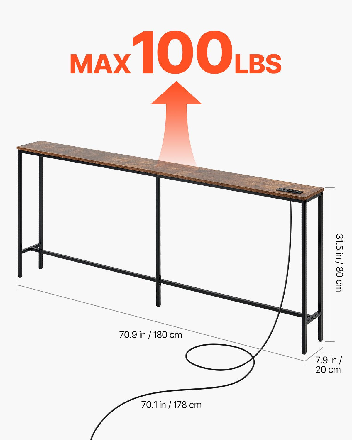 Narrow Console Sofa Table, 70.9” Behind Couch Table with Power Outlets, 1-Tier Long Entryway Table, Narrow Sofa Table with Metal Frame and Charge Station, for Entryway, Hallway, Living Room