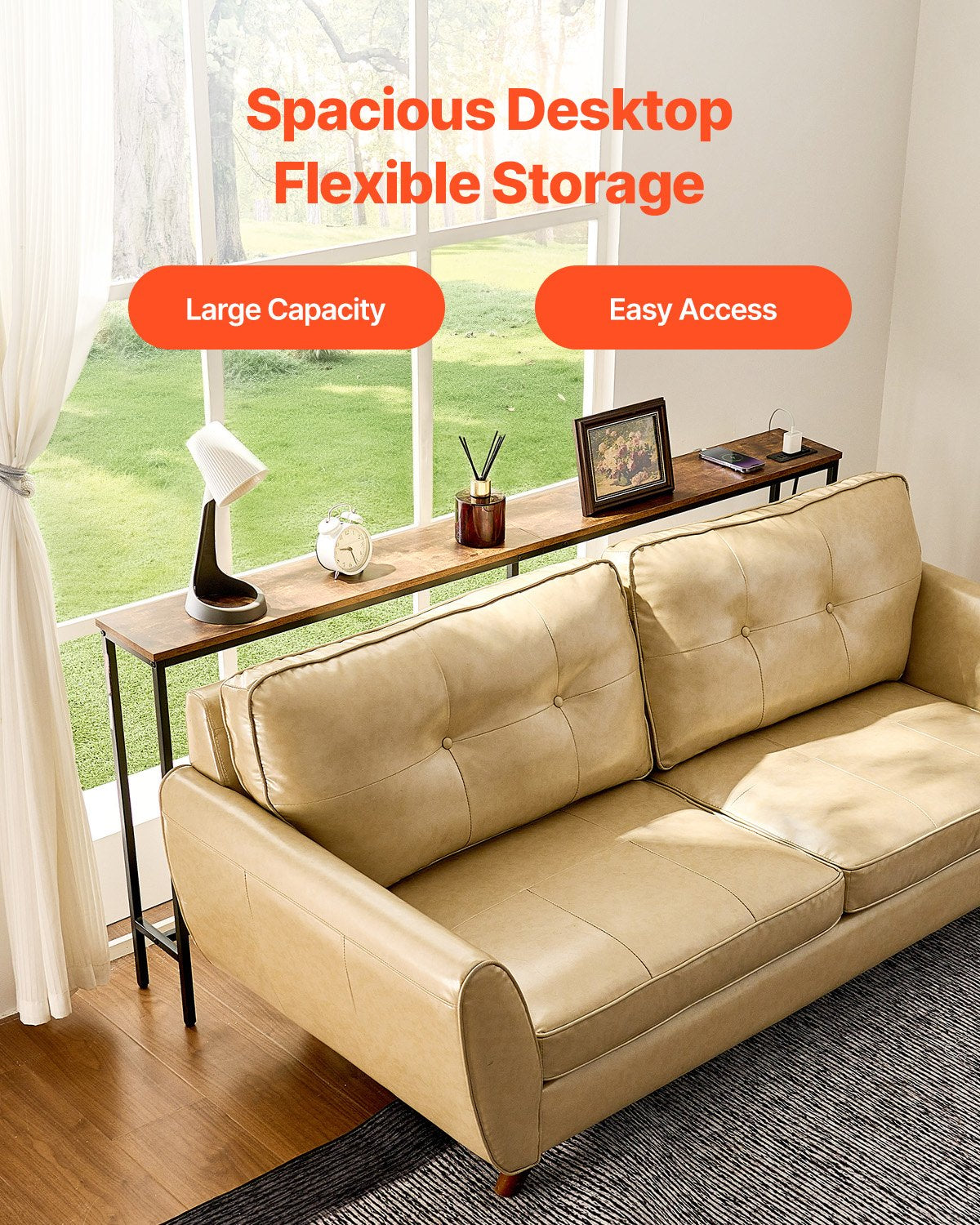 Narrow Console Sofa Table, 70.9” Behind Couch Table with Power Outlets, 1-Tier Long Entryway Table, Narrow Sofa Table with Metal Frame and Charge Station, for Entryway, Hallway, Living Room