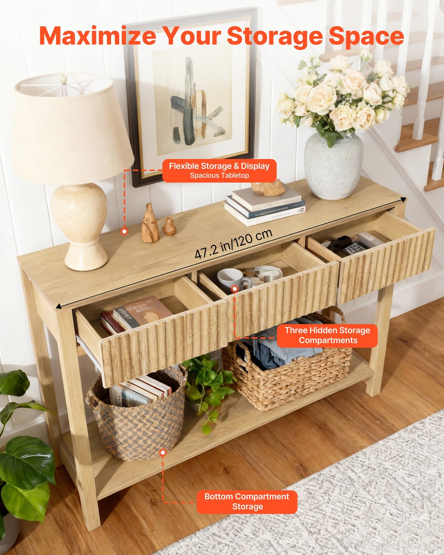 120 cm Console Table, Farmhouse Desk Behind the Couch with Drawers and Bottom Storage Shelf, Wooden Rectangle Entrance Narrow Sofa Table for Hallway, Bedroom, Living Room, Foyer, Burlywood