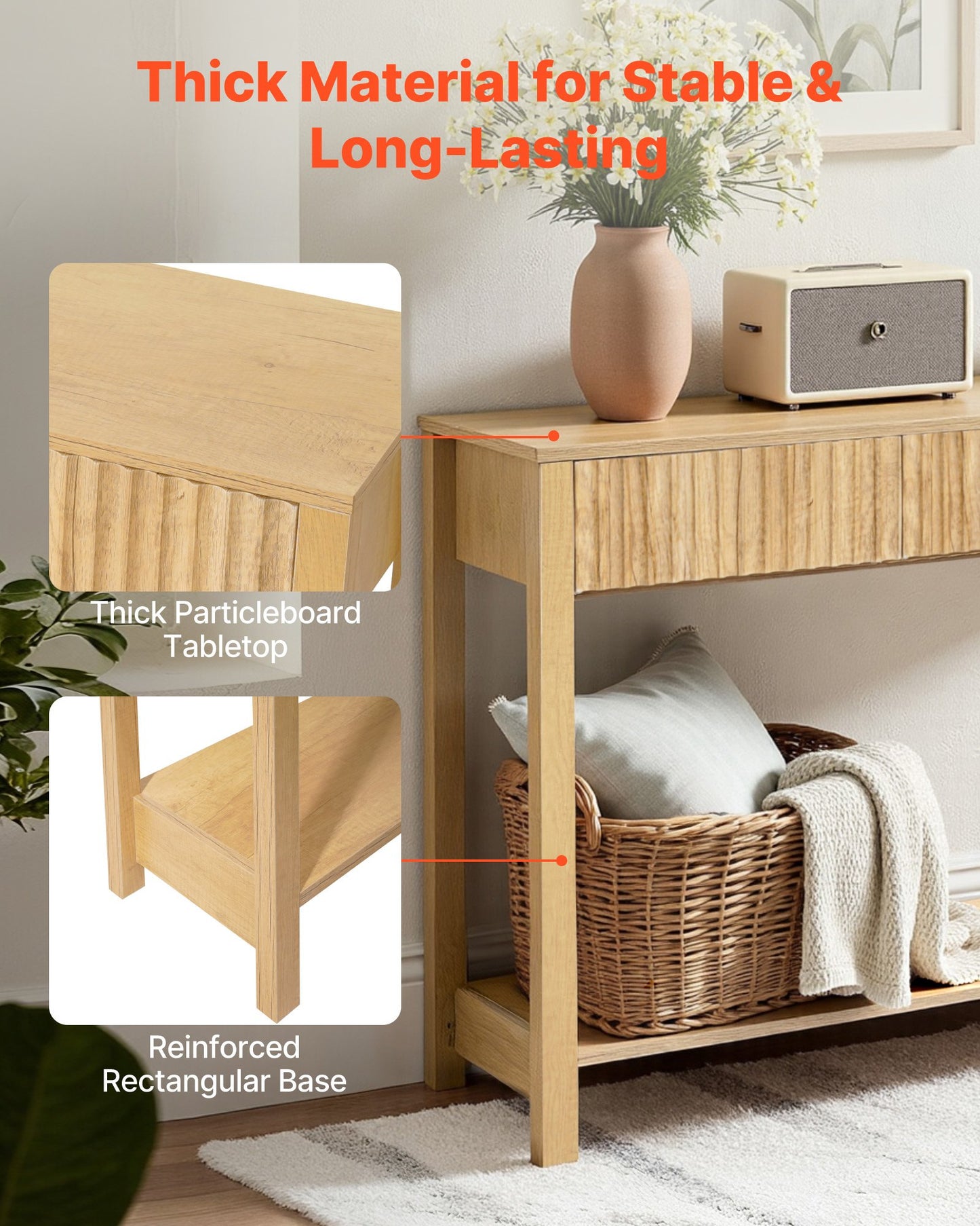 120 cm Console Table, Farmhouse Desk Behind the Couch with Drawers and Bottom Storage Shelf, Wooden Rectangle Entrance Narrow Sofa Table for Hallway, Bedroom, Living Room, Foyer, Burlywood