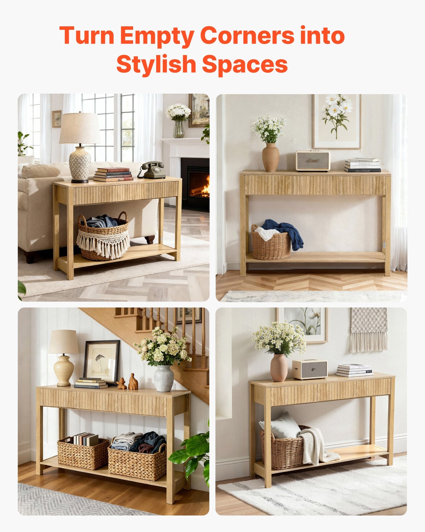 120 cm Console Table, Farmhouse Desk Behind the Couch with Drawers and Bottom Storage Shelf, Wooden Rectangle Entrance Narrow Sofa Table for Hallway, Bedroom, Living Room, Foyer, Burlywood