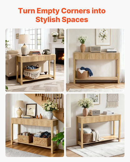 120 cm Console Table, Farmhouse Desk Behind the Couch with Drawers and Bottom Storage Shelf, Wooden Rectangle Entrance Narrow Sofa Table for Hallway, Bedroom, Living Room, Foyer, Burlywood
