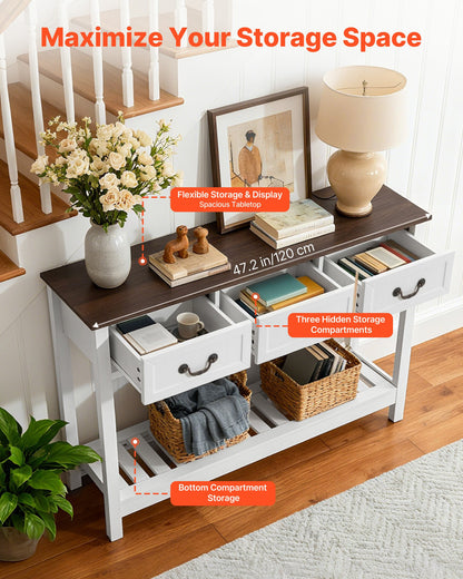 120 cm Console Table, Farmhouse Desk Behind the Couch with Drawers and Bottom Storage Shelf, Wooden Rectangle Entrance Narrow Sofa Table for Hallway, Bedroom, Living Room, Foyer, Brown + White