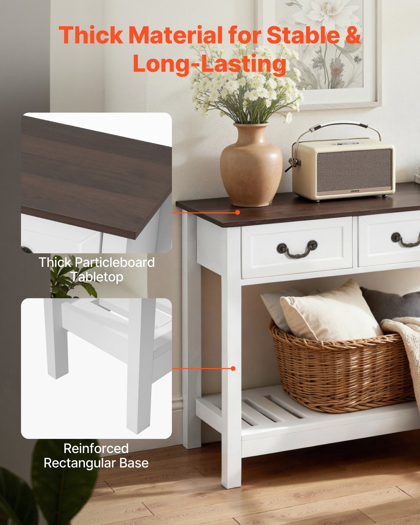 120 cm Console Table, Farmhouse Desk Behind the Couch with Drawers and Bottom Storage Shelf, Wooden Rectangle Entrance Narrow Sofa Table for Hallway, Bedroom, Living Room, Foyer, Brown + White