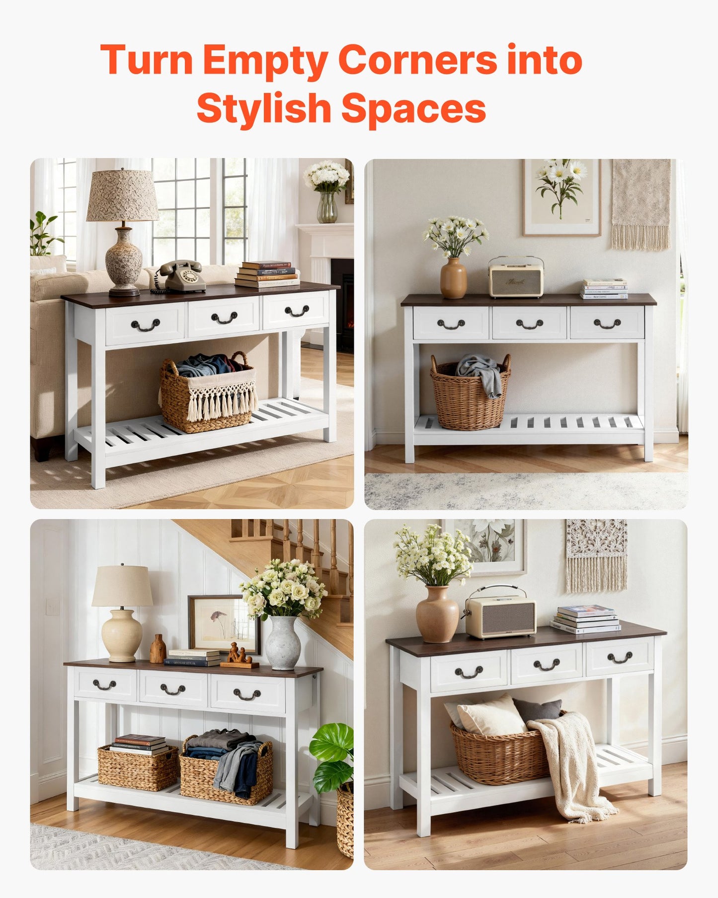 120 cm Console Table, Farmhouse Desk Behind the Couch with Drawers and Bottom Storage Shelf, Wooden Rectangle Entrance Narrow Sofa Table for Hallway, Bedroom, Living Room, Foyer, Brown + White