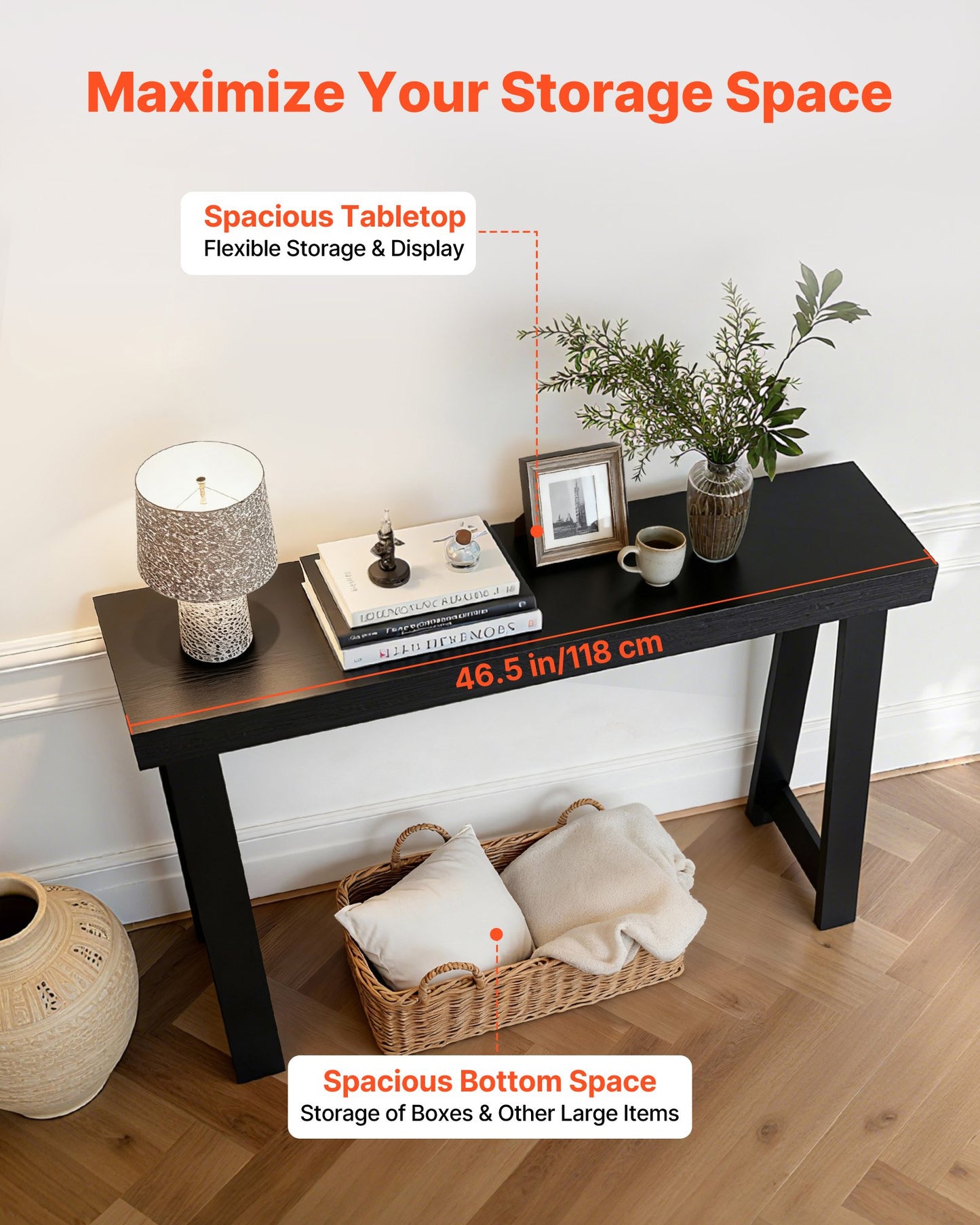 118 cm Console Table, Modern Desk Behind the Couch, Wooden Rectangle Entrance Desk, Narrow Long Sofa Table Accent Stand for Hallway, Bedroom, Living Room, Foyer, Easy Assembly, Black