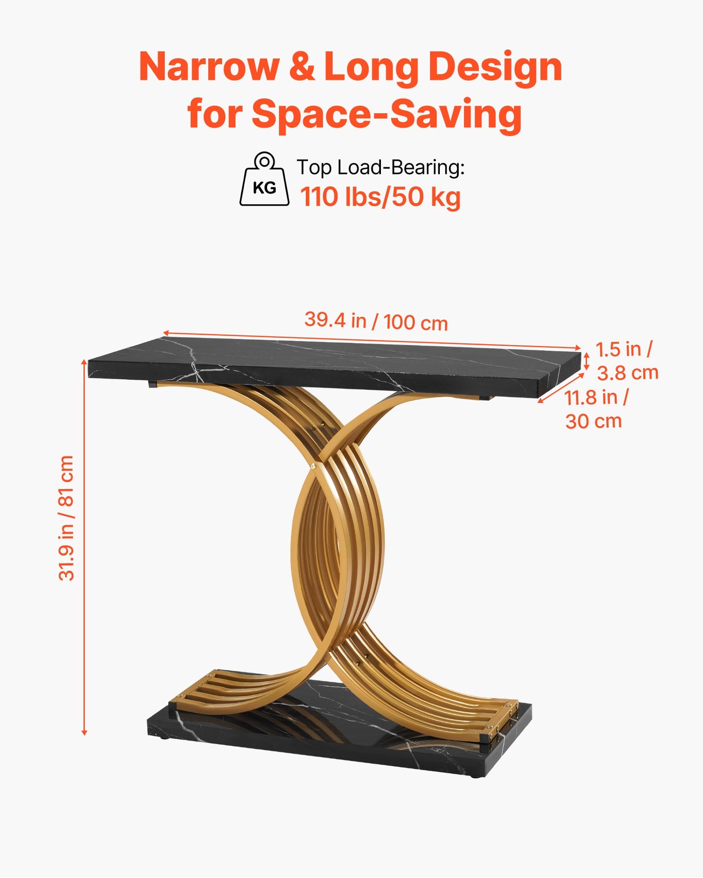 100 cm Gold Console Table, Modern Desk Behind the Couch, Wood Rectangle Entrance Desk, Narrow Long Sofa Table Accent Stand with Metal Legs for Hallway, Bedroom, Living Room, Foyer, Easy Assembly