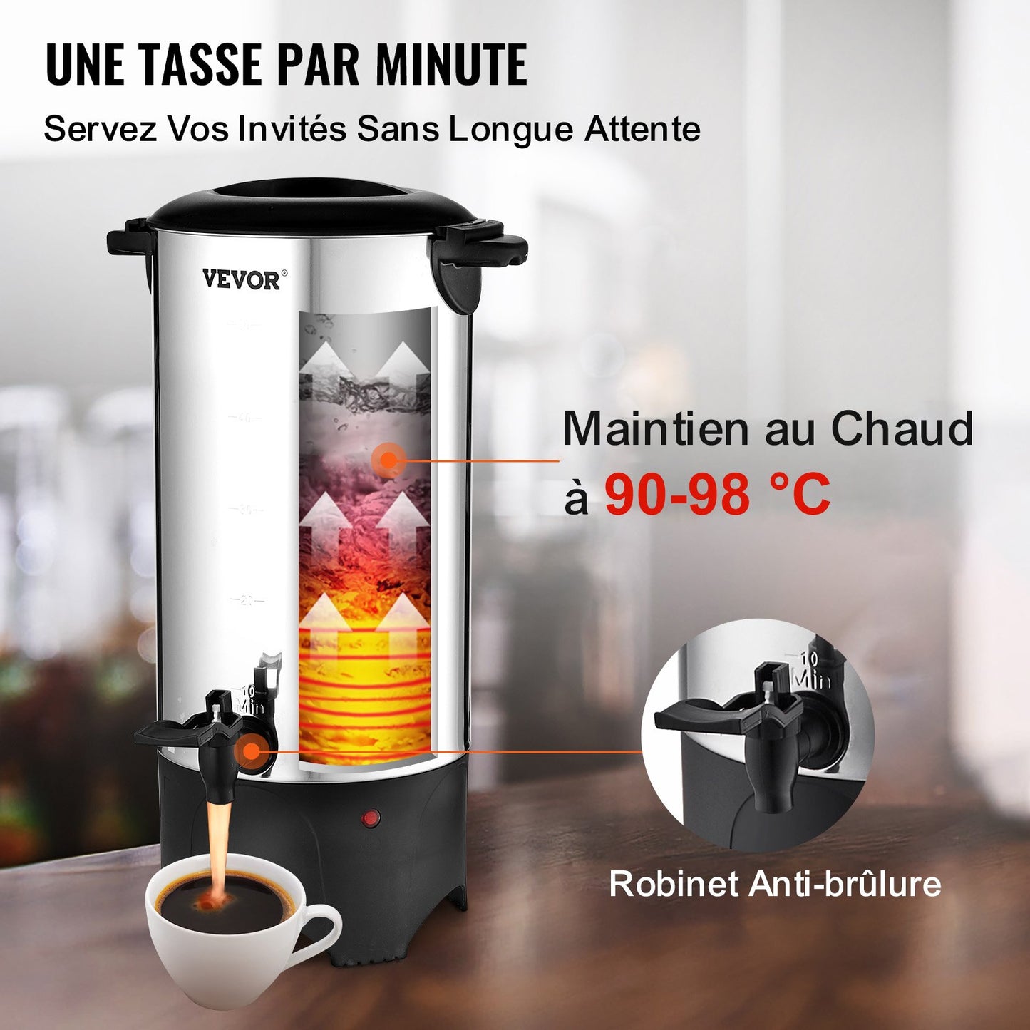 Kommersiell kaffeurna, 50 koppar rostfritt stål stor kaffedispenser, 1000W 220V elektrisk kaffebryggare för snabb bryggning, varmvattenurna med avtagbar nätsladd för enkel rengöring, silver