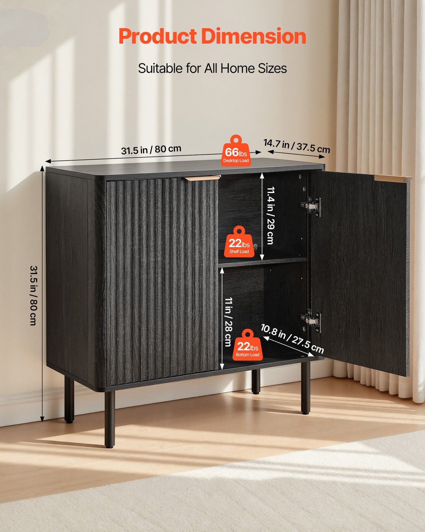 Coffee Bar Cabinet, Mid Century Fluted Coffee Bar Table with 2-Tier Storage, Buffet Stand Cabinet with Barn Door, Sideboard Buffet Station for Living Room, Entryway, 80 x 37.5 x 80 cm, Black