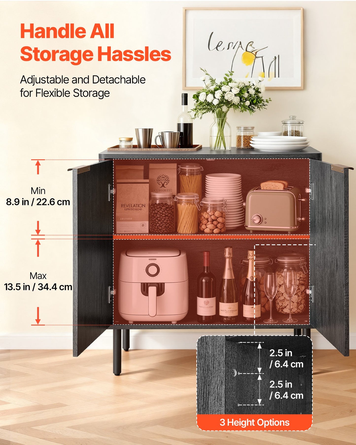 Coffee Bar Cabinet, Mid Century Fluted Coffee Bar Table with 2-Tier Storage, Buffet Stand Cabinet with Barn Door, Sideboard Buffet Station for Living Room, Entryway, 80 x 37.5 x 80 cm, Black