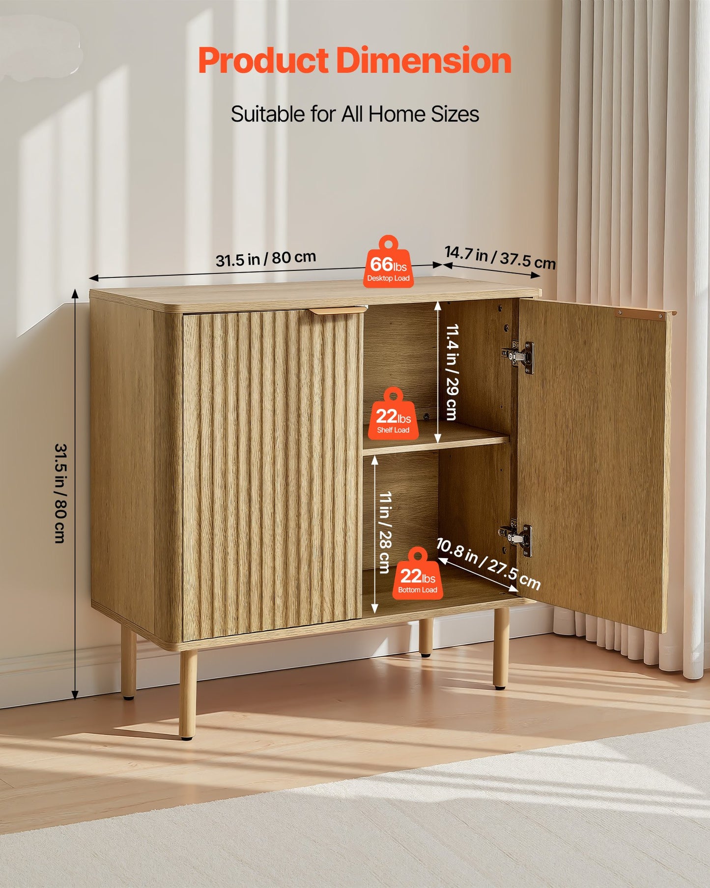 Coffee Bar Cabinet, Mid Century Fluted Coffee Bar Table with 2-Tier Storage, Buffet Stand Cabinet with 2 Barn Door, Sideboard Buffet Station for Living Room, Entryway, 80 x 37.5 x 80 cm, Oak