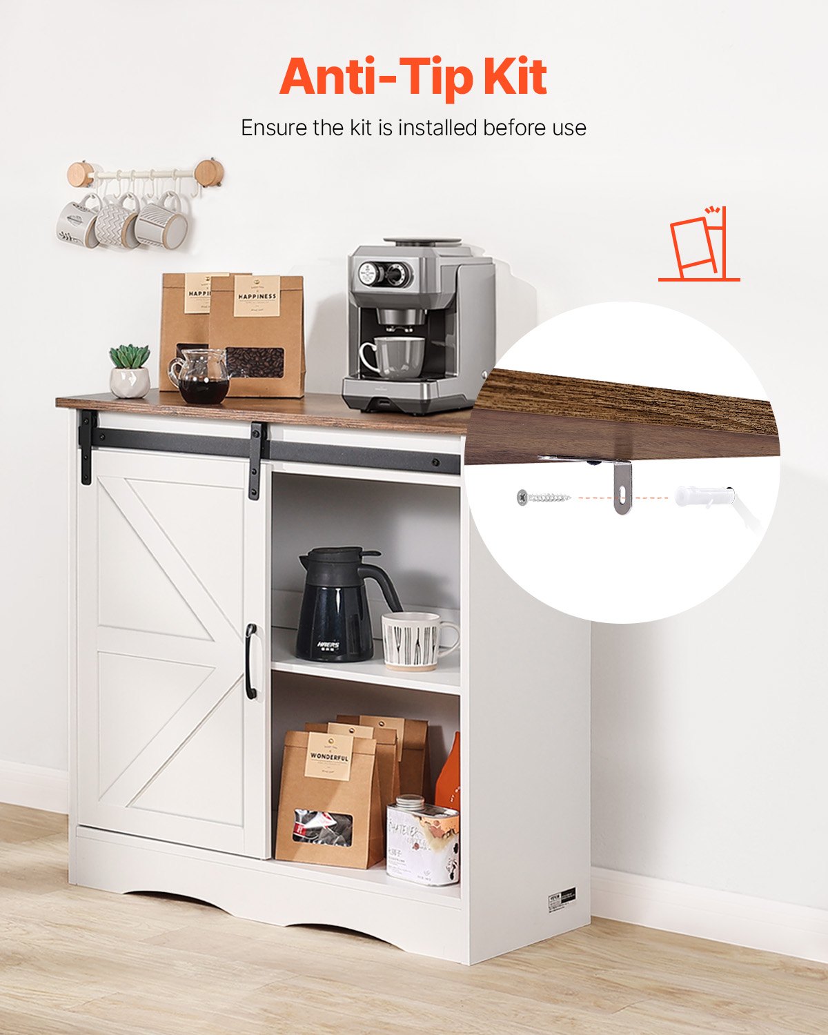 Coffee Bar Cabinet, 31.5 x 13.8 x 31.5 in Farmhouse Coffee Bar Cabinet with 3-Tier Storage, Coffee Bar Table with Barn Door, Farmhouse Sideboard Buffet Cabinet for Living Room, Entryway