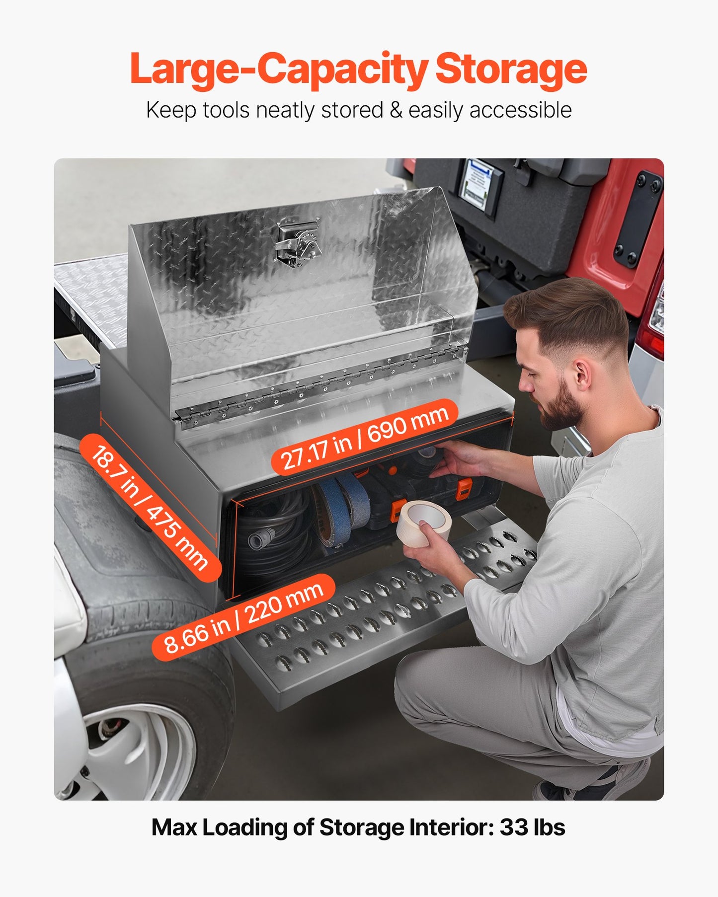 Semi-Truck Step Tool Box, 760 x 750 x 400 mm Heavy Duty Aluminum Diamond Plate Toolbox, Waterproof Cab Entry Step Storage Box with T-Handle Lock & Keys for Flatbed, Crane, and Semi Trucks