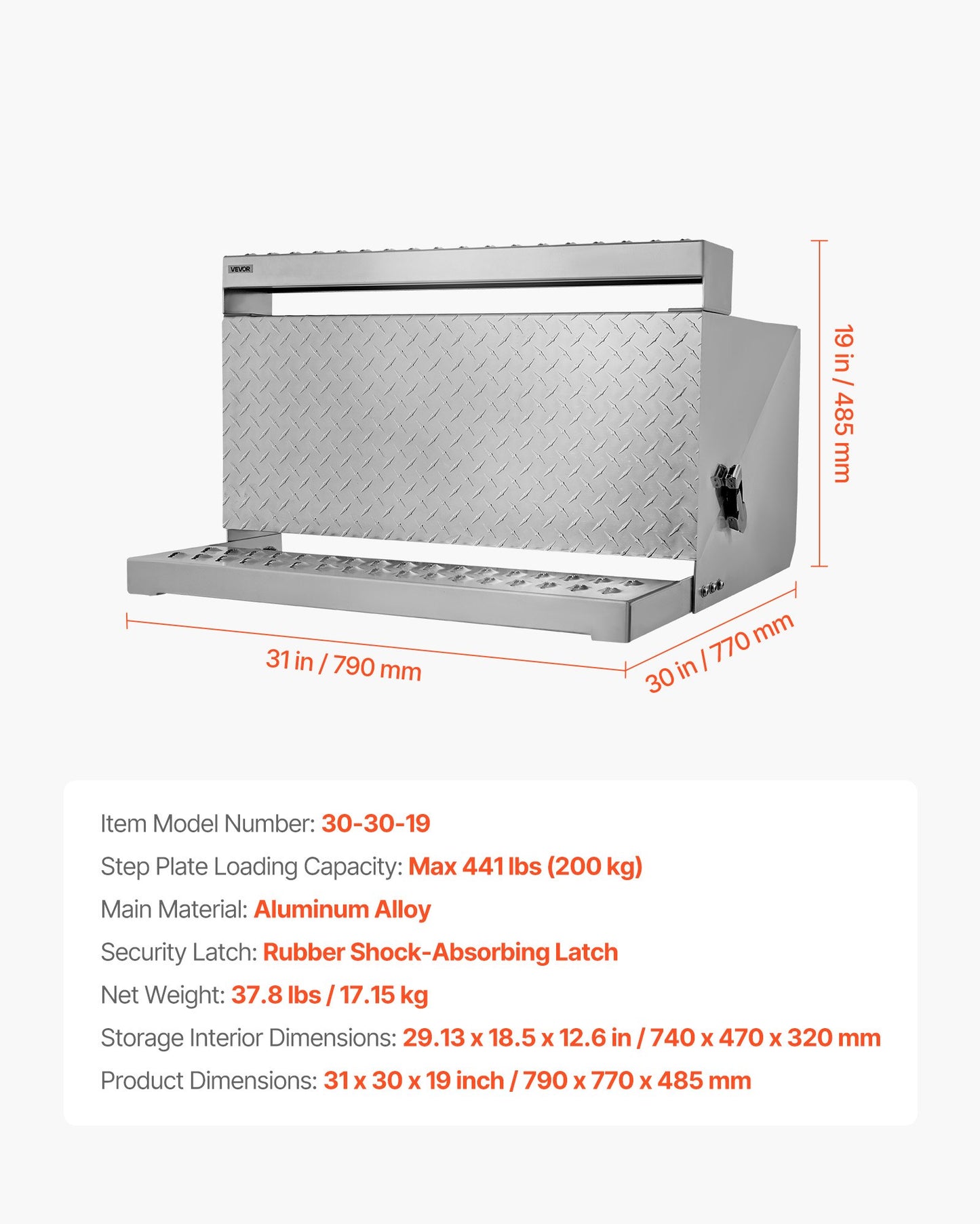 Semi-Truck Step Tool Box, 790 x 770 x 485 mm Heavy Duty Aluminum Diamond Plate Toolbox, Waterproof Cab Entry Step Storage Box with Shock-Absorbing Latch for Flatbed, Crane, and Semi Trucks