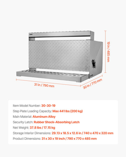 Semi-Truck Step Tool Box, 790 x 770 x 485 mm Heavy Duty Aluminum Diamond Plate Toolbox, Waterproof Cab Entry Step Storage Box with Shock-Absorbing Latch for Flatbed, Crane, and Semi Trucks