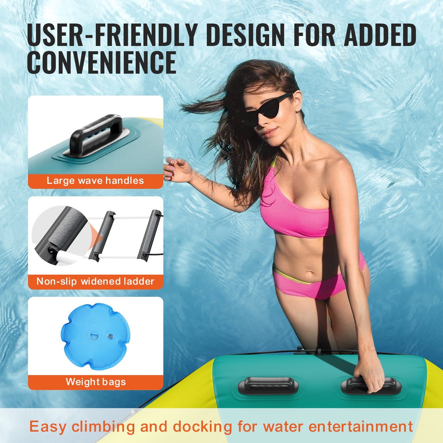 Uppblåsbar vattenstudsare, 12 fot rekreationsvattentrampolin, bärbar studsplattform med 3-stegsstege och elektrisk luftpump, flytande rebounder för barn och vuxna för pool, sjö, vattensporter