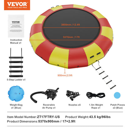 Inflatable Water Bouncer, 17ft Recreational Water Trampoline, Portable Bounce Swim Platform with 5-Step Ladder & Electric Air Pump, Kids Adults Floating Rebounder for Pool, Lake, Water Sports