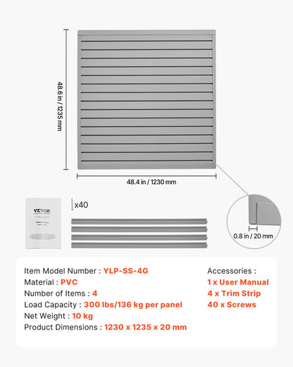 Slat Wall Paneling, 4 x 4 ft, PVC Garage Slatwall with Modular Design, Grey Slat Wall Easy-to-Install Adjustable Slatwall Panel with Coupling Structure & DIY Cutting, Fits for Storage & Display