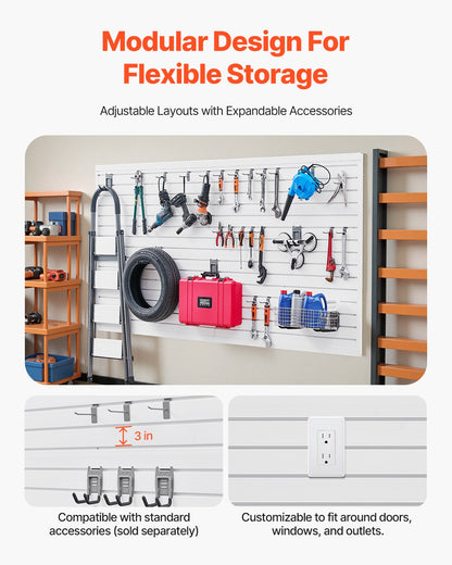 Slat Wall Paneling, 8 x 4 ft, PVC Garage Slatwall with Accessories, White Slat Wall Easy-to-Install Adjustable Slatwall Panel with Coupling Structure & DIY Cutting, Fits for Storage & Display