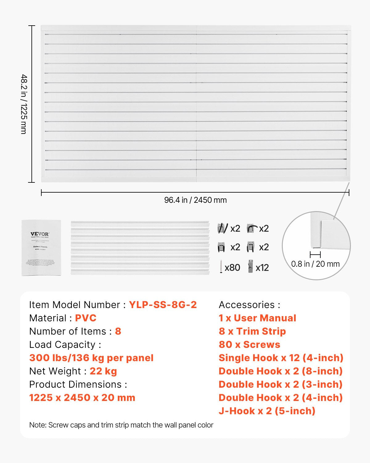 Slat Wall Paneling, 8 x 4 ft, PVC Garage Slatwall with Accessories, White Slat Wall Easy-to-Install Adjustable Slatwall Panel with Coupling Structure & DIY Cutting, Fits for Storage & Display