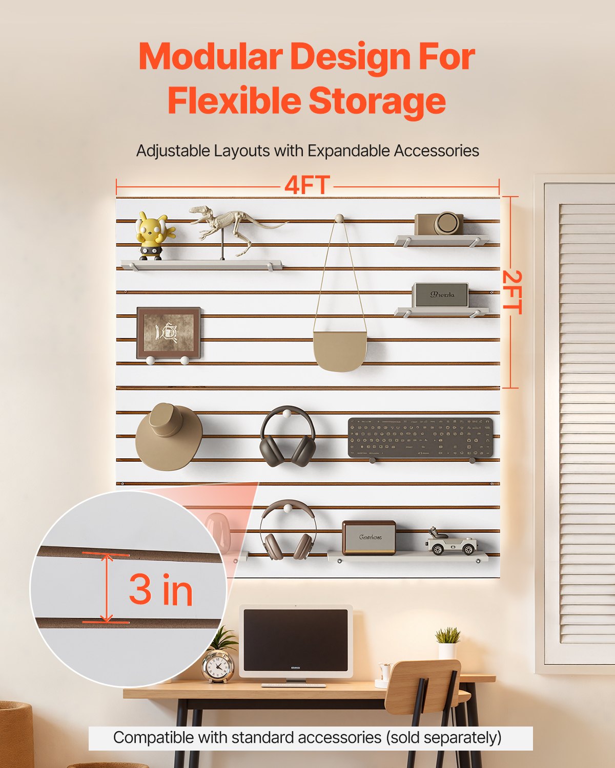 Slat Wall Paneling, 4 x 4 ft, MDF Garage Slatwall with Modular Design, White Slat Wall Easy-to-Install Adjustable Slatwall Panel with Coupling Structure & DIY Cutting, Fits for Storage & Display