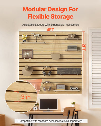 Ribbor för vägg, 12,5 x 12,5 m, MDF-ribbor för garage med modulär design, naturlig ribbor, lättmonterad, justerbar ribbor med kopplingsstruktur och gör-det-själv-skärning, lämplig för förvaring och visning