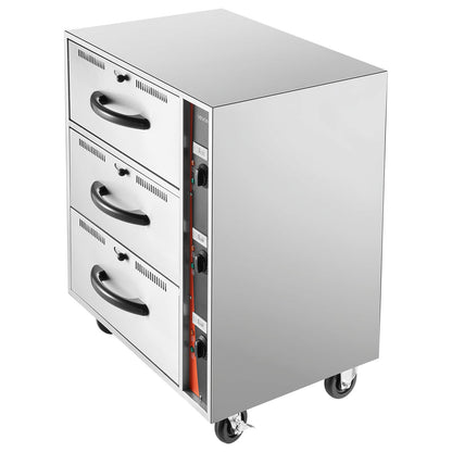 Kommersiell elektrisk matvärmare, matvärmare i rostfritt stål med tre lådor, fristående standardvärmeskåp, 30-85 ℃ brett temperaturområde, för restaurang, hotellbuffé och bageri