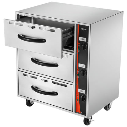 Kommersiell elektrisk matvärmare, matvärmare i rostfritt stål med tre lådor, fristående standardvärmeskåp, 30-85 ℃ brett temperaturområde, för restaurang, hotellbuffé och bageri