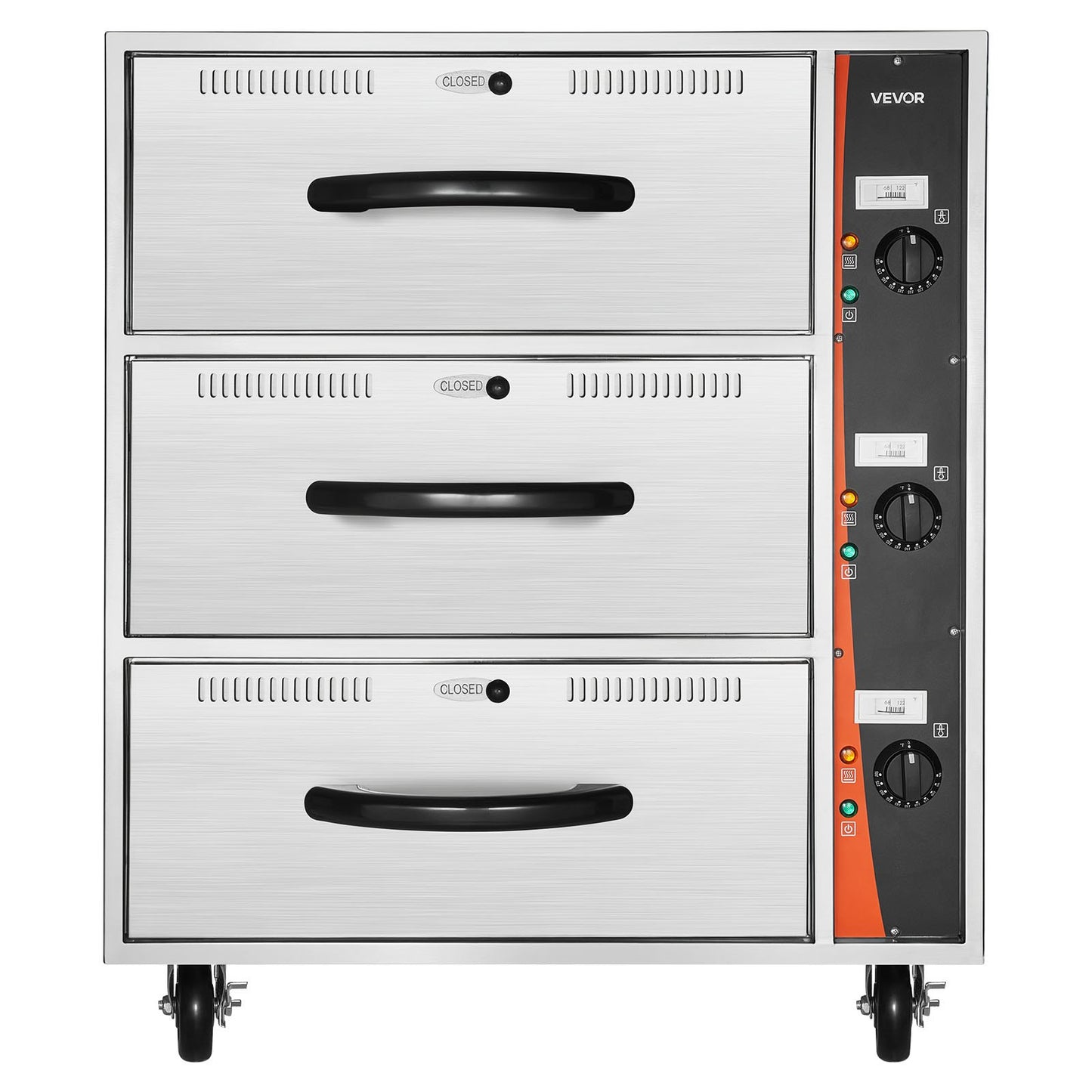 Kommersiell elektrisk matvärmare, matvärmare i rostfritt stål med tre lådor, fristående standardvärmeskåp, 30-85 ℃ brett temperaturområde, för restaurang, hotellbuffé och bageri