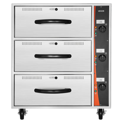 Kommersiell elektrisk matvärmare, matvärmare i rostfritt stål med tre lådor, fristående standardvärmeskåp, 30-85 ℃ brett temperaturområde, för restaurang, hotellbuffé och bageri