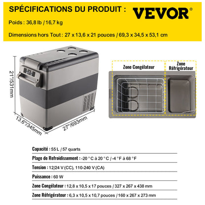 Car Refrigerator 55L Compressor Portable Small Refrigerator Car Refrigerator Freezer Vehicle Car Truck RV Boat Mini Electric Cooler for Driving Travel Fishing Outdoor and Home Use