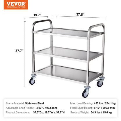 Kitchen Utility Cart, 3 Tiers, Wire Rolling Cart with 450LBS Capacity, Steel Service Cart on Wheels, Metal Storage Trolley with 80mm Basket Curved Handle PP Liner 6 Hooks, for Indoor and Outdoor