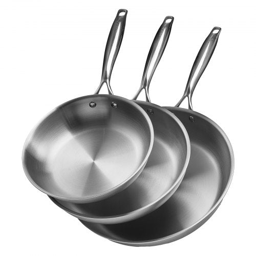 Tri-Ply Stainless Steel Frying Pan, 3 Piece (240, 280, 320 mm), Cooking Skillet with Heat-Resistant Handle, Chef's Kitchen Cookware, Oven, Gas, Electric, Induction, Dishwasher Compatible, Silver