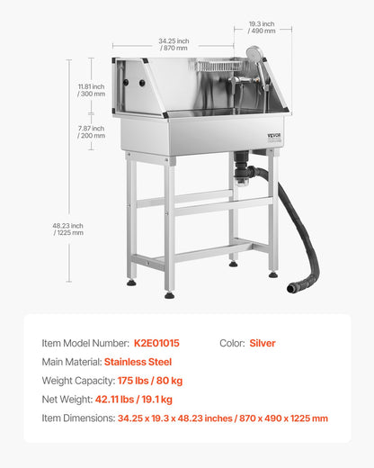 86,4 cm tvättstation i rostfritt stål för hundar, badkar för husdjur med varm- och kallvattenkran, duschmunstycke, förvaringsställ, allt-i-ett-badkar som inte böjer sig, handfat för hemmabruk, passar små katter och hundar