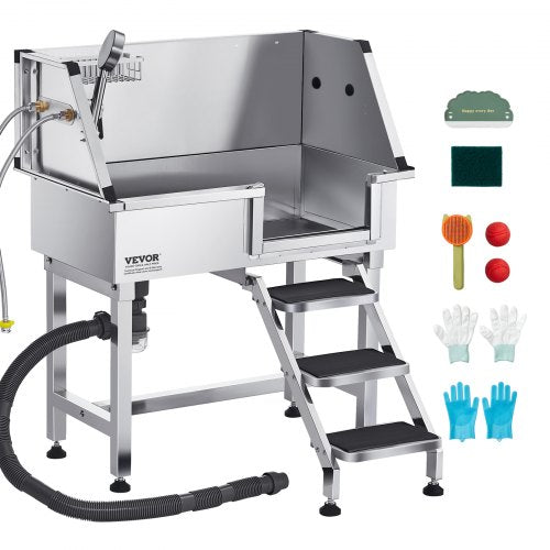 86,4 cm tvättstation i rostfritt stål för hundar, badkar för husdjur med varm- och kallvattenkran, duschmunstycke, handfat för hemmabruk, passar små katter och hundar, halkfri trappa (höger dörr)