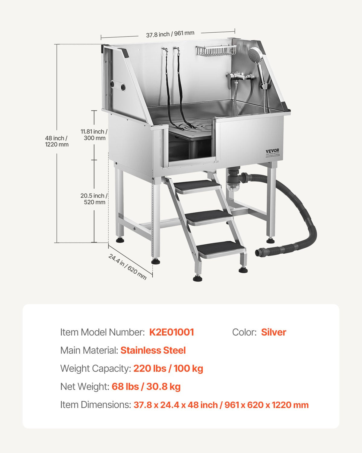 96.5 cm Stainless Steel Dog Washing Station, Pet Grooming Tub with Hot & Cold Faucet, Showerhead, Home Wash Sink, Fits Small and Medium Cats and Dogs, Non-Slip Stairs (Left Door)