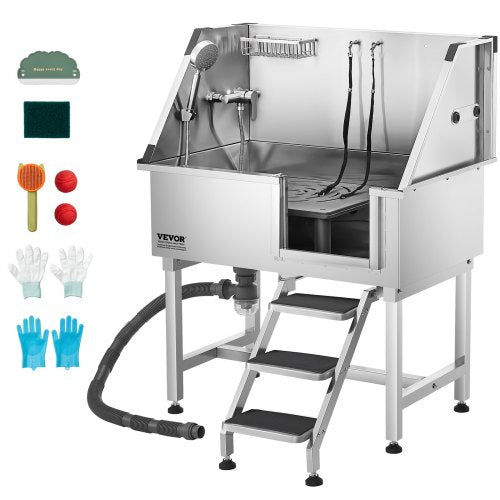 96.5 cm Stainless Steel Dog Washing Station, Pet Grooming Tub with Hot & Cold Faucet, Showerhead, Home Wash Sink, Fits Small and Medium Cats and Dogs, Non-Slip Stairs (Right Door)