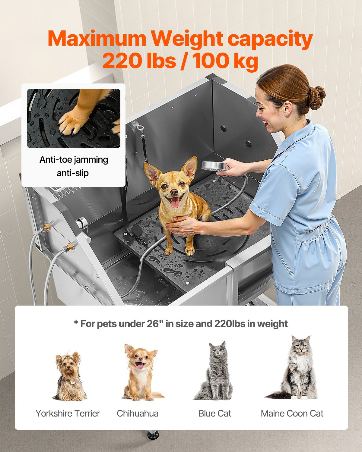 96.5 cm Stainless Steel Dog Washing Station, Pet Grooming Tub with Hot & Cold Faucet, Showerhead, Home Wash Sink, Fits Small and Medium Cats and Dogs, Non-Slip Stairs (Right Door)