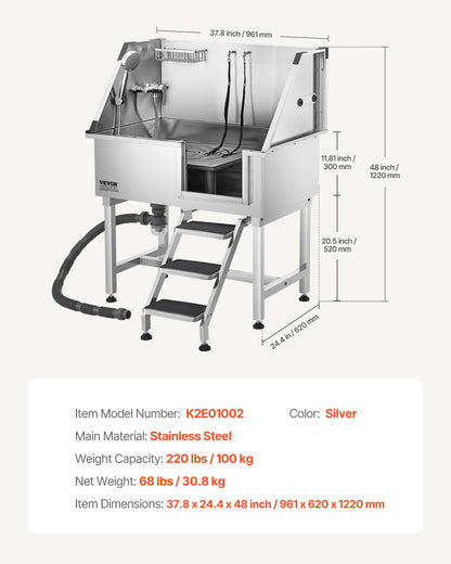 96.5 cm Stainless Steel Dog Washing Station, Pet Grooming Tub with Hot & Cold Faucet, Showerhead, Home Wash Sink, Fits Small and Medium Cats and Dogs, Non-Slip Stairs (Right Door)