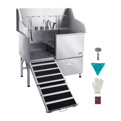 Hundtvättstation i 304 rostfritt stål, 127 cm trimbadkar med halkfri ramp med låg lutning, förvaringslåda, varm- och kallvattenkran, allt-i-ett-badkar för trimbutik, passar alla storlekar (vänster dörr)