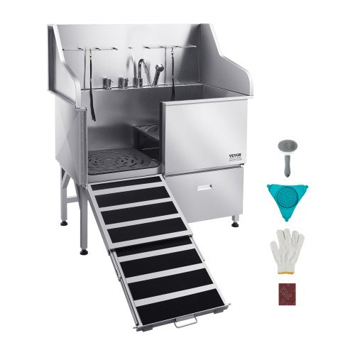 304 Stainless Steel Dog Washing Station, 127 cm Pet Grooming Tub with Non-Slip Low-Slope Ramp, Storage Drawer, Hot & Cold Faucet, All-in-One Bath for Grooming Shop, Fits All Sizes (Left Door)