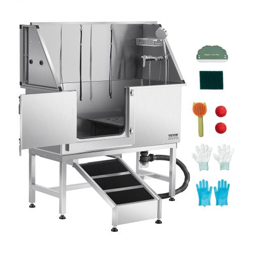 Stainless Steel Dog Washing Station, 127 cm Pet Grooming Tub w/ Ramp, PE Water Filter Board, Faucet & Showerhead & Soap Holder Dog Bathtub for Large & Medium & Small Pets (Left Door)
