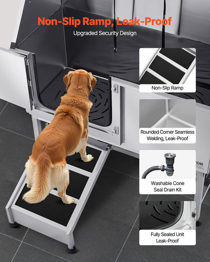 Stainless Steel Dog Washing Station, 127 cm Pet Grooming Tub w/ Ramp, PE Water Filter Board, Faucet & Showerhead & Soap Holder Dog Bathtub for Large & Medium & Small Pets (Left Door)