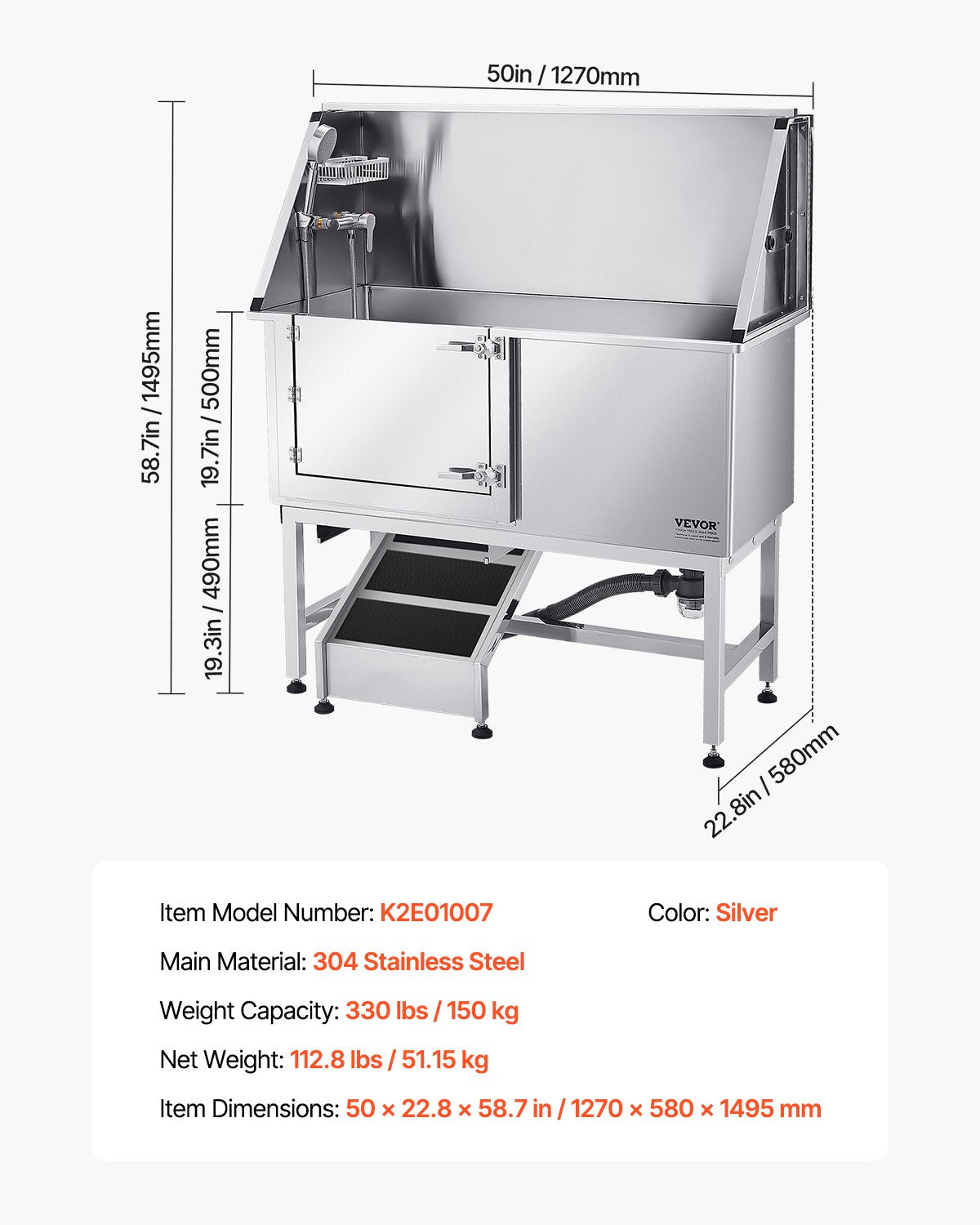 Stainless Steel Dog Washing Station, 127 cm Pet Grooming Tub w/ Ramp, PE Water Filter Board, Faucet & Showerhead & Soap Holder Dog Bathtub for Large & Medium & Small Pets (Left Door)