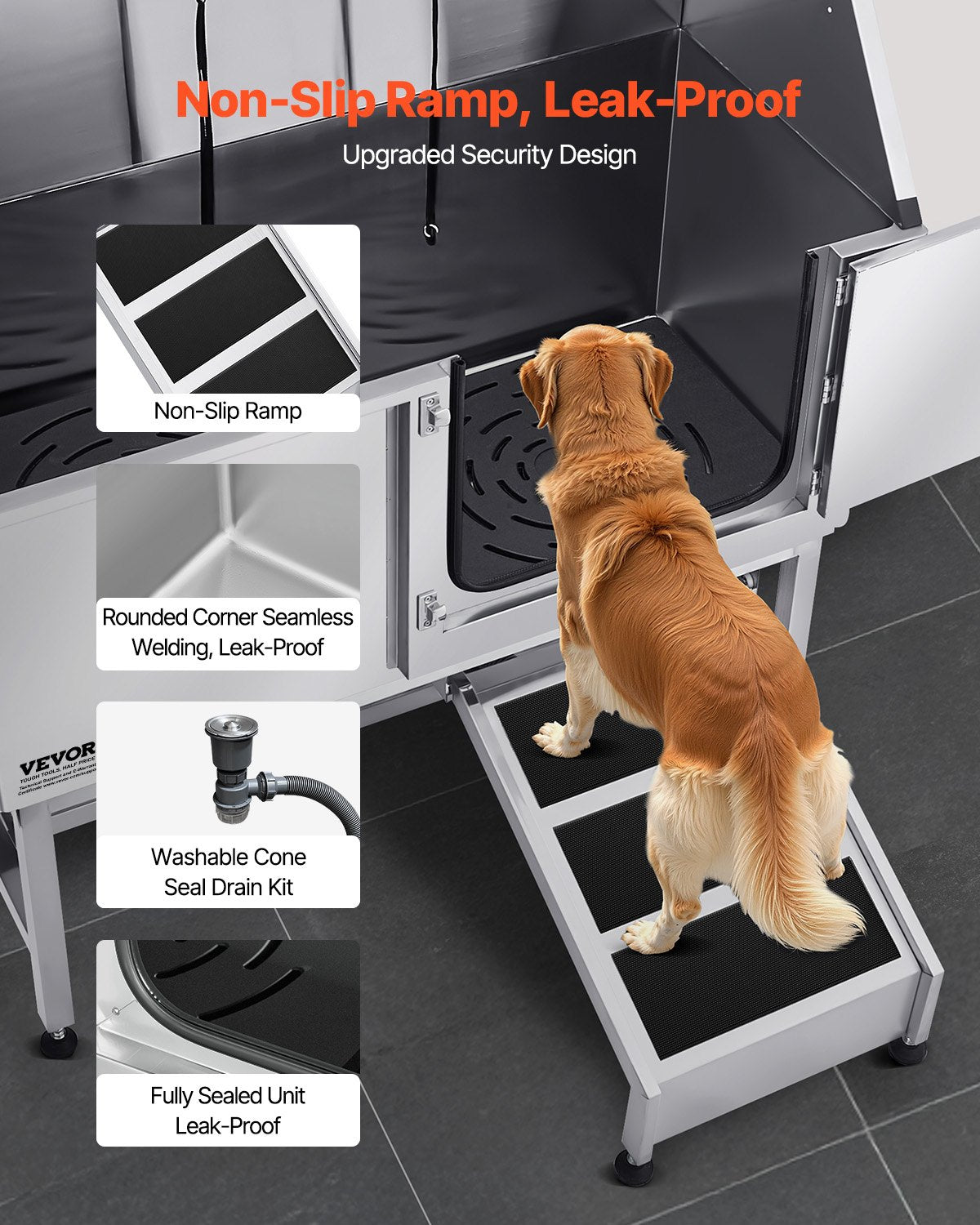 Hundtvättstation i rostfritt stål, 127 cm husdjursbadkar med ramp, PE-vattenfilterbräda, kran och duschmunstycke samt tvålhållare. Hundbadkar för stora, medelstora och små husdjur (höger dörr)