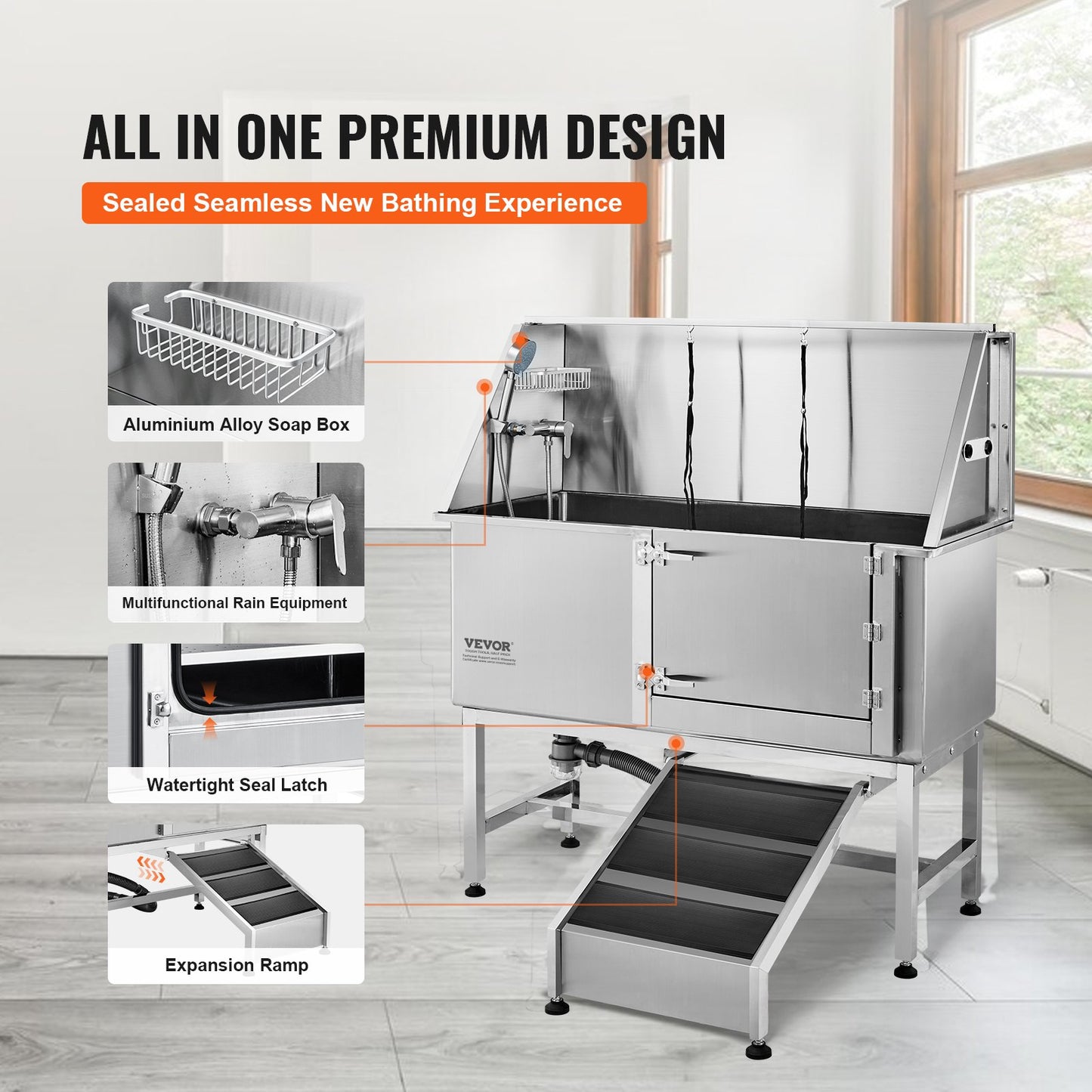 1.27M Pet Dog Bathing Station w/Ramp, Professional Stainless Steel Dog Grooming Tub w/ Soap Box, Faucet,Rich Accessory, Dog Bathtub for Large,Medium,Small Pets, Washing Sink for Home Right