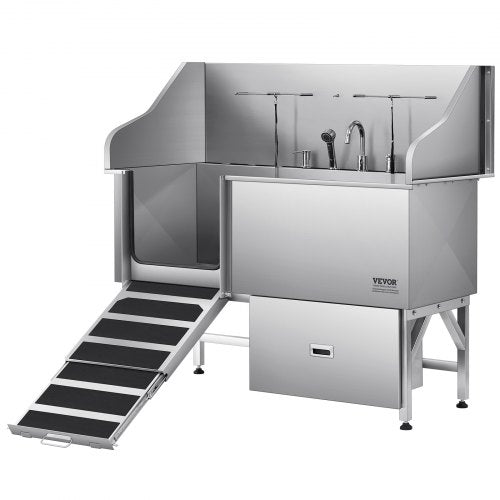 304 Stainless Steel Dog Washing Station, 154.9 cm Pet Grooming Tub with Non-Slip Low-Slope Ramp, Storage Drawer, Hot & Cold Faucet, All-in-One Bath for Grooming Shop, Fits All Sizes (Left Door)