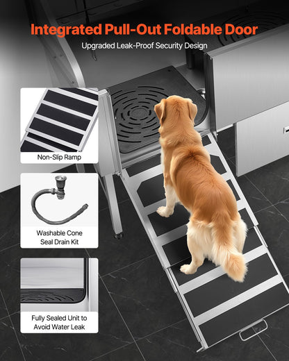 304 Stainless Steel Dog Washing Station, 154.9 cm Pet Grooming Tub with Non-Slip Low-Slope Ramp, Storage Drawer, Hot & Cold Faucet, All-in-One Bath for Grooming Shop, Fits All Sizes (Left Door)